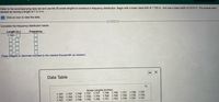 Refer to the accompanying data set and use the 30 screw lengths to construct a frequency distribution. Begin with a lower class limit of 1.720 in., and use a class width of 0.010 in. The screws were
labeled as having a length of 13/4 in.
E Click on icon to view the data.
Complete the frequency distribution below.
Length (in.)
Frequency
1.720
(Type integers or decimals rounded to the nearest thousandth as needed.)
Data Table
Screw Lengths (inches)
1.747 1.757 1.749 1.737 1.737 1.748 1.748 1.721 1.758 1.757
1.753 1.743 1.742 1.732 1.744 1.759 1.759 1.752 1.742 1.733
1.747 1.761 1.758
1.751
1.741
1.753 1.765 1.731 1.753 1.734
