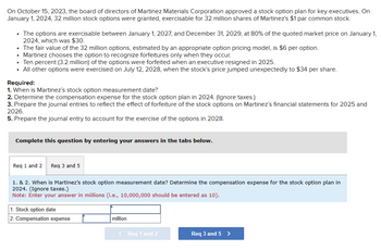 On October 15, 2023, the board of directors of Martinez Materials Corporation approved a stock option plan for key executives. On
January 1, 2024, 32 million stock options were granted, exercisable for 32 million shares of Martinez's $1 par common stock.
.
• The options are exercisable between January 1, 2027, and December 31, 2029, at 80% of the quoted market price on January 1,
2024, which was $30.
• The fair value of the 32 million options, estimated by an appropriate option pricing model, is $6 per option.
• Martinez chooses the option to recognize forfeitures only when they occur.
• Ten percent (3.2 million) of the options were forfeited when an executive resigned in 2025.
⚫ All other options were exercised on July 12, 2028, when the stock's price jumped unexpectedly to $34 per share.
Required:
1. When is Martinez's stock option measurement date?
2. Determine the compensation expense for the stock option plan in 2024. (Ignore taxes.)
3. Prepare the journal entries to reflect the effect of forfeiture of the stock options on Martinez's financial statements for 2025 and
2026.
5. Prepare the journal entry to account for the exercise of the options in 2028.
Complete this question by entering your answers in the tabs below.
Req 1 and 2 Req 3 and 5
1. & 2. When is Martinez's stock option measurement date? Determine the compensation expense for the stock option plan in
2024. (Ignore taxes.)
Note: Enter your answer in millions (i.e., 10,000,000 should be entered as 10).
1. Stock option date
2. Compensation expense
million
< Req 1 and 2
Req 3 and 5 >