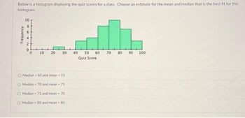 Below is a histogram displaying the quiz scores for a class. Choose an estimate for the mean and median that is the best fit for this
histogram.
Frequency
99
10 20
30
Median 60 and mean - 55
O Median - 70 and mean = 75
O Median 75 and mean 70
Median = 80 and mean = 80
d
40 50 60 70 80
Quiz Score
90 100