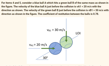 For items 4 and 5, consider a blue ball A which hits a green ball B of the same mass as shown in
the figure. The velocity of the blue ball A just before the collision is vA1 = 20 m/s with the
direction as shown. The velocity of the green ball B just before the collision is vB1 = 30 m/s with
direction as shown in the figure. The coefficient of restitution between the balls is 0.78.
VB1 =
VA1 = 20 m/s
30⁰
30 m/s
LOI