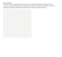 Level 3 Inverses
The function for converting the temperature from degrees Fahrenheit to degrees Celsius is,
C=(F – 32). What temperature, in Fahrenheit, is it for 32 °C? Graph both functions. (Can use
graphing technology) what does the invariant point represent in this situation?
