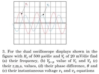 V₂
3. For the dual oscilloscope displays shown in the
figure with H, of 500 µs/div and V of 20 mV/div find
(a) their frequency, (b) Vp-p value of V₁ and V₂ (c)
their r.m.s. values, (d) their phase difference, 0 and
(e) their instantaneous voltage v₁ and v₂ equations