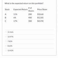 What is the expected return on this portfolio?
# of
Expected Return
Stock
Price/Share
Shares
A
11%
200
$18.60
6%
400
$12.85
C
17%
300
$43.90
11.56%
13.97%
7.83%
8.63%
13.42%
