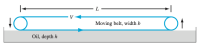 ### Diagram Explanation: Moving Belt in Oil

This diagram illustrates a moving belt system interacting with oil.

#### Key Components:

1. **Moving Belt (blue line):**
   - The belt is depicted with blue lines and arrows.
   - The belt has a certain width, denoted as \( b \).
   - The belt moves horizontally with a velocity \( V \).

2. **Oil Bath (grey region):**
   - The belt partially submerges in oil to a depth \( h \).
   - The oil is represented by the grey region in the diagram.

3. **Supporting Rollers:**
   - Two circular rollers are shown on either side of the diagram, guiding the belt's movement.
   - The arrows at the sides where the belt goes in and out of the oil bath indicate the direction of motion.

4. **Dimensions:**
   - The length of the belt interacting with the oil is denoted by \( L \).
   - \( h \) represents the depth of the oil into which the belt is submerged.

### Detailed Breakdown:

- **Length of Interaction (L):** The belt makes contact with the oil over a horizontal length denoted by \( L \).
- **Belt Width (b):** The width of the moving belt is marked as \( b \).
- **Belt Velocity (V):** The belt moves at a velocity \( V \)—shown by the leftward pointing arrows on the blue belt.
- **Oil Depth (h):** The oil depth, where the belt submerges, is noted as \( h \).

### Application:

This diagram can be used to explain fluid dynamics and mechanical interactions between moving surfaces and fluids in various engineering contexts, such as lubrication, cooling systems, or even certain types of manufacturing processes.

Feel free to use this breakdown for educational purposes to provide a clear understanding of the system illustrated by this diagram.