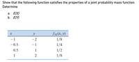 Show that the following function satisfies the properties of a joint probability mass function.
Determine
а. Е
b. E(Y).
y
fxr(x, y)
1/8
1/4
1/2
-1
-2
-0.5
-1
0.5
1
1
2
1/8
