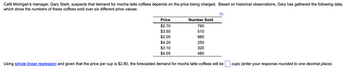 Café Michigan's manager, Gary Stark, suspects that demand for mocha latte coffees depends on the price being charged. Based on historical observations, Gary has gathered the following data,
which show the numbers of these coffees sold over six different price values:
Price
$2.70
$3.50
$2.00
$4.20
$3.10
$4.05
Number Sold
760
510
980
250
320
480
Using simple linear regression and given that the price per cup is $2.80, the forecasted demand for mocha latte coffees will be
cups (enter your response rounded to one decimal place).