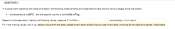 QUESTION 1
In a power plant operating with water and steam, the following measurements and observations were done at various stages along the system.
the temperature is 190°C and the specific volume, v is 0.15636 m³/kg.
Based on this observation, identify the following values: pressure, P (in kPa) =
, and enthalpy, h (in kJ/kg) =
Fill in the missing values, and if you select a value from the table, please write it down exactly like you see it from table, including all the digits and zeroes, if applicable