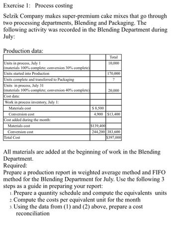 Exercise 1: Process costing
Selzik Company makes super-premium cake mixes that go through
two processing departments, Blending and Packaging. The
following activity was recorded in the Blending Department during
July:
Production data:
Units in process, July 1
(materials 100% complete; conversion 30% complete)
Units started into Production
Units complete and transferred to Packaging
Units in process, July 31
(materials 100% complete; conversion 40% complete)
Cost data:
Work in process inventory, July 1:
Materials cost
Conversion cost
Cost added during the month:
Materials cost
Conversion cost
Total Cost
Total
10,000
170,000
?
20,000
$ 8,500
4,900 $13,400
$139,400
244,200 383,600
$397,000
All materials are added at the beginning of work in the Blending
Department.
Required:
Prepare a production report in weighted average method and FIFO
method for the Blending Department for July. Use the following 3
steps as a guide in preparing your report:
1. Prepare a quantity schedule and compute the equivalents units
2. Compute the costs per equivalent unit for the month
3. Using the data from (1) and (2) above, prepare a cost
reconciliation