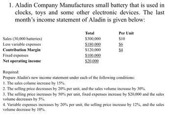 1. Aladin Company Manufactures small battery that is used in
clocks, toys and some other electronic devices. The last
month's income statement of Aladin is given below:
Sales (30,000 batteries)
Less variable expenses
Contribution Margin
Fixed expenses
Net operating income
Total
$300,000
$180,000
$120,000
$100,000
$20,000
Per Unit
$10
$6
$4
Required:
Prepare Aladin's new income statement under each of the following conditions:
1. The sales colume increase by 15%.
2. The selling price decreases by 20% per unit, and the sales volume increase by 30%.
3. The selling price increases by 50% per unit, fixed expenses increase by $20,000 and the sales
volume decreases by 5%.
4. Variable expenses increases by 20% per unit, the selling price increase by 12%, and the sales
volume decrease by 10%.