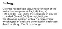 Biology
Give the recognition sequences for each of the
restriction enzymes (a) Pagl, (b) Alul, (c)
Pstl, and (d) Rcal. Show the sequence in double-
stranded DNA (dsDNA) format, indicate
the cleavage position with a ^, and mention
which types of ends are generated in each case
(blunt or sticky; 5' or 3' overhang).
