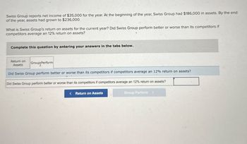 Swiss Group reports net income of $35,000 for the year. At the beginning of the year, Swiss Group had $186,000 in assets. By the end
of the year, assets had grown to $236,000.
What is Swiss Group's return on assets for the current year? Did Swiss Group perform better or worse than its competitors if
competitors average an 12% return on assets?
Complete this question by entering your answers in the tabs below.
Return on
Assets
Group Perform
Did Swiss Group perform better or worse than its competitors if competitors average an 12% return on assets?
Did Swiss Group perform better or worse than its competitors if competitors average an 12% return on assets?
< Return on Assets
Group Perform >