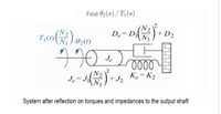 Find 02(s) / T1(s)
D.= D()
+D2
02(1)
790
Je
ell
Ke= K2
%3D
Je =J]
+ J2
System after reflection on torques and impedances to the output shaft
