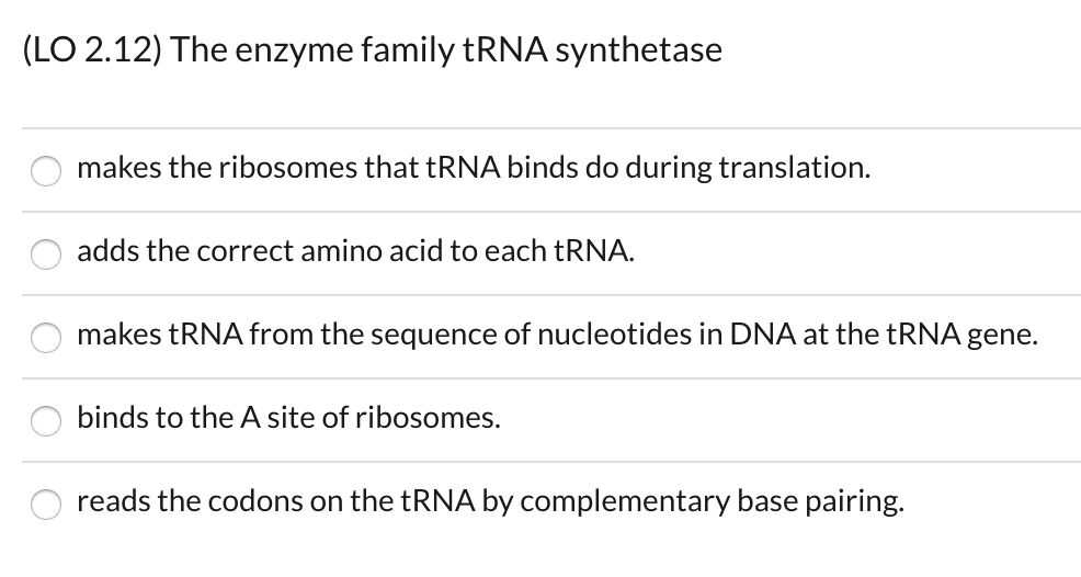 (LO 2.12) The enzyme family tRNA synthetase
makes the ribosomes that tRNA binds do during translation.
adds the correct amino acid to each tRNA.
makes tRNA from the sequence of nucleotides in DNA at the tRNA gene.
binds to the A site of ribosomes.
reads the codons on the tRNA by complementary base pairing.
