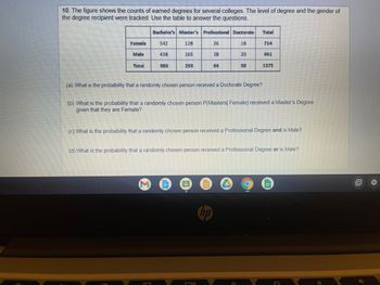 10. The figure shows the counts of earned degrees for several colleges. The level of degree and the gender of
the degree recipient were tracked. Use the table to answer the questions.
Bachelor's Master's Professional Doctorate
Total
Female
542
128
26
18
714
Male
438
165
38
20
661
Total
980
293
64
38
1375
(a) What is the probability that a randomly chosen person received a Doctorate Degree?
(b) What is the probability that a randomly chosen person P(Masters] Female) received a Master's Degree
given that they are Female?
(c) What is the probability that a randomly chosen person received a Professional Degree and is Male?
(d) What is the probability that a randomly chosen person received a Professional Degree or is Male?
O
hp
1