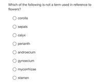 Which of the following is not a term used in reference to
flowers?
corolla
sepals
O calyx
O perianth
androecium
gynoecium
mycorrhizae
stamen
