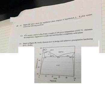 BI (a) Figure BI below shows the equilibrium phase diagram of hypothetical A - B alloy system.
Answer the following questions.
(iv) Now assume a melt of Alloy B has a weight of 100 g at a temperature of 652 °C. Maintain
the temperature, suggest how to make this melt become a completely solid phase
(v) Based on Figure B1, briefly illustrate how to design and achieve a precipitation hardening
for A-B alloy.
Temperature (°C)
8
700
600
500
400
800
OA
760 °C
Line B
a/9.5
20
Line A
a + L
650 °C
40
Liquid (L)
wt%B
Figure B1
52.5
a + B
60
B+L
80
93.7 B
100
B