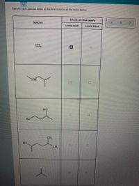 Classify each species Isted in the first column of the table below.
Check all that apply
Species
Lewis Acid
Lewis Base
CH,
но
HO
HO
CH
