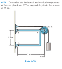 6-70. Determine the horizontal and vertical components
of force at pins B and C. The suspended cylinder has a mass
of 75 kg
03 m
B
15 m
0.5 m
Prob. 6-70
