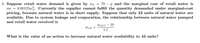 70 – p and the marginal cost of retail water is
2. Suppose retail water demand is given by wa
mc = 0.00125w?. Currently the supplier cannot fulfill the quantity demanded under marginal-cost
pricing, because natural water is in short supply. Suppose that only 32 units of natural water are
available. Due to system leakage and evaporation, the relationship between natural water pumped
and retail water received is
Wntri – 10
Wrtl
1.1
What is the value of an action to increase natural water availability to 43 units?
