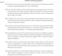 CHAPTER 3: Yesterday and Yesteryear
1982: During the Latin American sovereign debt crisis, Mexico, Brazil, and Argentina default
on their sovereign debt obligations in excess of $100 billion.
1985–1987: The Plaza and Louvre Accords call for greater coordination among G-5 countries
in intervening in the foreign exchange market. Responsibility for such intervention
should be shared among the United States and other countries. Gross overvaluation of
the U.S. dollar is corrected.
1989: Collapse of the Soviet Union. Newly emancipated East European satellite countries
scrap government-controlled inconvertible currency regimes and adopt market-based
systems to trade their currencies.
1992: EMS crisis. The pound sterling and Italian lira are forced to devalue and exit the EMS.
Remaining EMS currencies now float within a +/-15 percent band around their respec-
tive cross-par values (instead of +/-2.25 percent). EMS is shipwrecked!
1997: Asian financial crisis. East and Southeast Asian currencies are engulfed in a domino-
like currency crisis. Thailand, Malaysia, Indonesia, the Philippines, and South Korea are
forced to abandon overvalued exchange rates pegged to the U.S. dollar and adopt a
tightly managed float.
1999: Launch of the euro-the European Union single currency. Eleven countries join the
euro-zone, adopting the euro as their official currency (and therefore burying their na-
tional currencies). Britain, Denmark, and Sweden opt out of the euro-zone and decide to
retain their own currencies.
2002: Argentina abandons its currency board. Facing a deep economic recession on January 8,
2002, Argentina unpegged its currency from the U.S. dollar; the peso, free to float,
promptly lost more than 50 percent of its value.
