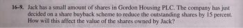 16-9. Jack has a small amount of shares in Gordon Housing PLC. The company has just
decided on a share buyback scheme to reduce the outstanding shares by 15 percent.
How will this affect the value of the shares owned by Jack?