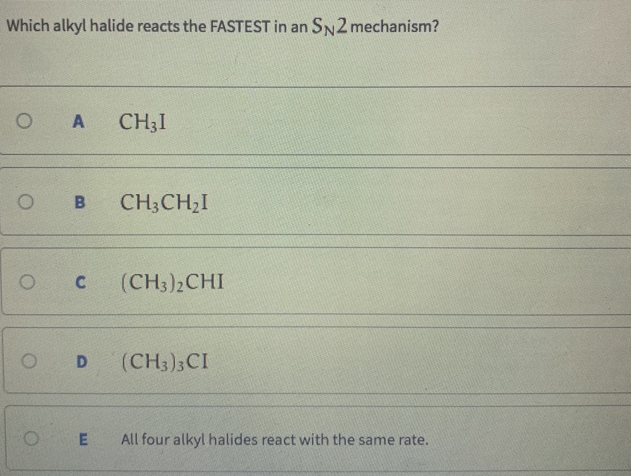 Which alkyl halide reacts the FASTEST in an SN2 mechanism?
