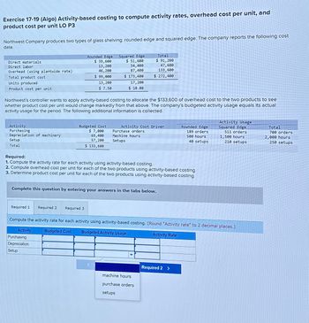 Exercise 17-19 (Algo) Activity-based costing to compute activity rates, overhead cost per unit, and
product cost per unit LO P3
Northwest Company produces two types of glass shelving: rounded edge and squared edge. The company reports the following cost
data.
Direct materials
Direct labor
Overhead (using plantwide rate)
Total product cost
Units produced
Product cost per unit
Activity
Purchasing
Depreciation of machinery
Setup
Total
Northwest's controller wants to apply activity-based costing to allocate the $133,600 of overhead cost to the two products to see
whether product cost per unit would change markedly from that above. The company's budgeted activity usage equals its actual
activity usage for the period. The following additional information is collected.
Rounded Edge Squared Edge
$ 39,600
$ 51,600
34,400
87,400
$ 173,400
17,200
$ 10.08
13, 200
46, 200
Required 1 Required 2 Required 3
$ 99,000
13,200
$ 7.50
Activity
Budgeted Cost
$ 7,000
69,400
57,200
$ 133,600
Purchasing
Depreciation
Setup
Total
$ 91,200
47,600
133,600
$ 272,400
Required:
1. Compute the activity rate for each activity using activity-based costing.
2. Compute overhead cost per unit for each of the two products using activity-based costing.
3. Determine product cost per unit for each of the two products using activity-based costing.
Complete this question by entering your answers in the tabs below.
Activity Cost Driver
Purchase orders
Machine hours
Setups
Compute the activity rate for each activity using activity-based costing. (Round "Activity rate" to 2 decimal places.)
Budgeted Cost Budgeted Activity Usage
Activity Rate
machine hours
purchase orders
setups
Rounded Edge
189 orders
500 hours
40 setups
Required 2 >
Activity Usage
Squared Edge
511 orders
1,500 hours
210 setups
Total
700 orders
2,000 hours
250 setups