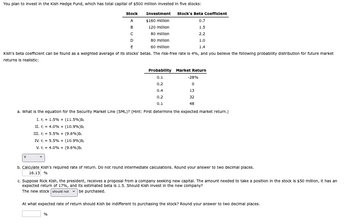 You plan to invest in the Kish Hedge Fund, which has total capital of $500 million invested in five stocks:
Investment
Stock
Stock's Beta Coefficient
A
$160 million
0.7
B
120 million
1.5
с
80 million
2.2
D
E
80 million
60 million
1.0
1.4
Kish's beta coefficient can be found as a weighted average of its stocks' betas. The risk-free rate is 4%, and you believe the following probability distribution for future market
returns is realistic:
Probability Market Return
0.1
-28%
0.2
0
0.4
13
0.2
0.1
32
48
a. What is the equation for the Security Market Line (SML)? (Hint: First determine the expected market return.)
I. n = 1.5% + (11.5%)bi
II. 4.0% + (10.9%) bi
III. n = 5.5% + (9.6%) bi
IV. n = 5.5% + (10.9%)bi
V. n = 4.0% + (9.6%)bi
V
v
b. Calculate Kish's required rate of return. Do not round intermediate calculations. Round your answer to two decimal places.
16.13%
c. Suppose Rick Kish, the president, receives a proposal from a company seeking new capital. The amount needed to take a position in the stock is $50 million, it has an
expected return of 17%, and its estimated beta is 1.5. Should Kish Invest in the new company?
The new stock should not be purchased.
At what expected rate of return should Kish be indifferent to purchasing the stock? Round your answer to two decimal places.
%