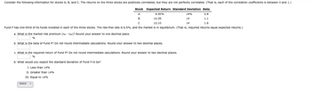 Consider the following information for stocks A, B, and C. The returns on the three stocks are positively correlated, but they are not perfectly correlated. (That is, each of the correlation coefficients is between 0 and 1.)
Stock Expected Return Standard Deviation Beta
A
B
с
9.30%
10.35
12.10
14%
14
14
0.8
1.1
1.6
Fund P has one-third of its funds invested in each of the three stocks. The risk-free rate is 6.5%, and the market is in equilibrium. (That is, required returns equal expected returns.)
a. What is the market risk premium (гM-TRF)? Round your answer to one decimal place.
%
b. What is the beta of Fund P? Do not round intermediate calculations. Round your answer to two decimal places.
c. What is the required return of Fund P? Do not round intermediate calculations. Round your answer to two decimal places.
%
d. What would you expect the standard deviation of Fund P to be?
I. Less than 14%
II. Greater than 14%
III. Equal to 14%
-Select-