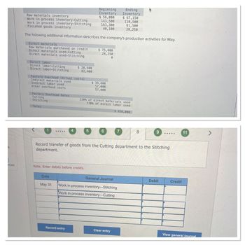 Beginning
Inventory
Ending
Inventory
Raw materials inventory
Work in process inventory-Cutting
Work in process inventory-Stitching
Finished goods inventory
$ 56,000
143,500
$ 67,150
110,500
163,300
91,500
40,100
28,250
The following additional information describes the company's production activities for May.
Direct materials
Raw materials purchased on credit
Direct materials used-Cutting
Direct materials used-Stitching
Direct labor
Direct labor-Cutting
Direct labor-Stitching
$ 20,600
82,400
Factory Overhead (Actual costs)
Indirect materials used
Indirect labor used
Other overhead costs
Factory Overhead Rates
Cutting
Stitching
Sales
$ 75,000
24,250
$ 39,600
57,000
57,000
0
150% of direct materials used
120% of direct labor used
$ 656,000
1
4
5
6
7
8
9
11
Record transfer of goods from the Cutting department to the Stitching
department.
nces
Note: Enter debits before credits.
Date
General Journal
Debit
Credit
May 31
Work in process inventory-Stitching
Work in process inventory-Cutting
Record entry
Clear entry
View general journal