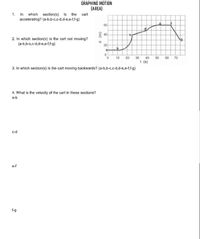 GRAPHING MOTION
(AREA)
1. In which section(s) is the cart
accelerating? (a-b,b-c,c-d,d-e,e-f,f-g)
60
E 40
2. In which section(s) is the cart not moving?
(a-b,b-c,c-d,d-e,e-f,f-g)
20
10
20 30 40 50 60 70
t (s)
3. In which section(s) is the cart moving backwards? (a-b,b-c,c-d,d-e,e-f,f-g)
4. What is the velocity of the cart in these sections?
a-b
c-d
e-f
f-g
(w) p
