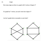 10.
Graph
How many edges are there in a graph with 8 vertices of degree 5?
If a graph has 7 vertices, can each vertex have degree 3?
Are the 2 graphs below isomorphic to each other?
d
