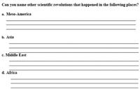 Can you name other scientific revolutions that happened in the following places?
a. Meso-America
b. Asia
c. Middle East
d. Africa

