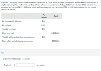 Flounder’s Recording Studio rents studio time to musicians in 2-hour blocks. Each session includes the use of the studio facilities, a digital recording of the performance, and a professional music producer/mixer. The anticipated annual volume is 1,160 sessions. The company has invested $2,399,460 in the studio and expects a return on investment (ROI) of 20%. Budgeted costs for the coming year are as follows:

| Cost Item                                   | Per Session | Total       |
|---------------------------------------------|-------------|-------------|
| Direct materials (CDs, etc.)                | $20         |             |
| Direct labor                                | $405        |             |
| Variable overhead                           | $55         |             |
| Fixed overhead                              |             | $1,102,000  |
| Variable selling and administrative expenses| $35         |             |
| Fixed selling and administrative expenses   |             | $585,800    |

---

(a)

Determine the total cost per session.

Total cost $ ______ per session