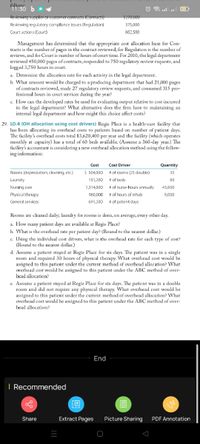 follows:
11:30 b •
Reviewing supplilier er customer centracts (Contracts)
$270,000
Reviewing regulatory compliance issues (Regulation)
375,000
Court actions (Court)
862,500
Management has determined that the appropriate cost allocation base for Con-
tracts is the number of pages in the contract reviewed, for Regulation is the number of
reviews, and for Court is number of hours of court time. For 2010, the legal department
reviewed 450,000 pages of contracts, responded to 750 regulatory review requests, and
logged 3,750 hours in court.
a. Determine the allocation rate for each activity in the legal department.
b. What amount would be charged to a producing department that had 21,000 pages
of contracts reviewed, made 27 regulatory review requests, and consumed 315 pro-
fessional hours in court services during the year?
c. How can the developed rates be used for evaluating output relative to cost incurred
in the legal department? What alternative does the firm have to maintaining an
internal legal department and how might this choice affect costs?
29. LO.4 (OH allocation using cost drivers) Regis Place is a health-care facility that
has been allocating its overhead costs to patients based on number of patient days.
The facility's overhead co sts total $3,620,400 per year and the facility (which operates
monthly at capacity) has a total of 60 beds available. (Assume a 360-day year.) The
facility's accountant is considering a new overhead allocation method using the follow-
ing information:
Cost
Cost Driver
Quantity
Rooms (depreciation, cleaning, etc.)
$ 504,000
# of rooms (25 double)
35
Laundry
151,200
# of beds
60
Nursing care
1,314,000
# of nurse-hours annually
43,800
Physical therapy
960.000
# of hours of rehab
8,000
General services
691,200
# of patient days
Rooms are cleaned daily; laundry for rooms is done, on average, every other day.
a. How many patient days are available at Regis Place?
b. What is the overhead rate per patient day? (Round to the nearest dollar.)
c. Using the individual cost drivers, what is the ove rhead rate for each type of cost?
(Round to the nearest dollar.)
d. Assume a patient stayed at Regis Place for six days. The patient was in a single
room and required 30 hours of physical therapy. What overhead cost would be
assigned to this patient under the current method of overhead allocation? What
overhead cost would be assigned to this patient under the ABC method of over-
bead allocation?
e. Assume a patient stayed at Regis Place for six days. The patient was in a double
room and did not require any physical therapy. What overhead cost would be
assigned to this patient under the current method of overhead allocation? What
overhead cost would be assigned to this patient under the ABC method of over-
head allocation?
End
I Recommended
Share
Extract Pages
Picture Sharing
PDF Annotation
