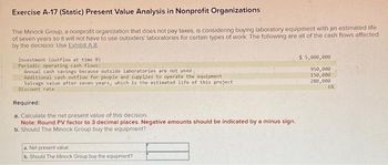 **Exercise A-17 (Static) Present Value Analysis in Nonprofit Organizations**

The Minock Group, a nonprofit organization that does not pay taxes, is considering buying laboratory equipment with an estimated life of seven years. This purchase would eliminate the need for using outsiders' laboratories for certain types of work. The following are all the cash flows affected by the decision:

- **Investment (outflow at time 0):** $5,000,000
- **Periodic operating cash flows:**
  - Annual cash savings because outside laboratories are not used: $950,000
  - Additional cash outflow for people and supplies to operate the equipment: $150,000
- **Salvage value after seven years:** $200,000
- **Discount rate:** 6%

**Required:**

a. Calculate the net present value (NPV) of this decision.  
   - **Note:** Round the PV factor to 3 decimal places. Negative amounts should be indicated by a minus sign.

b. Should The Minock Group buy the equipment?

**a. Net present value** 

[Input box for calculation]

**b. Should The Minock Group buy the equipment?**

[Input box for decision] 

**Explanation:** This exercise involves determining whether the investment in laboratory equipment is financially viable for The Minock Group by calculating its net present value using the given discount rate and projected cash flows over the equipment's life span.