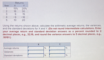 Returns
Year
X
Y
12345
15%
20%
18
30
9
15
-9
5 10
-16
20
Using the returns shown above, calculate the arithmetic average returns, the variances,
and the standard deviations for X and Y. (Do not round intermediate calculations. Enter
your average return and standard deviation answers as a percent rounded to 2
decimal places, e.g., 32.16, and round the variance answers to 5 decimal places, e.g.,
.16161.)
X
Y
Average returns
700
%
Variances
Standard deviations
%
200
16
%
%
700