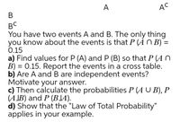 A
AC
В
BC
You have two events A and B. The only thing
you know about the events is that P (Á n B) =
0.15
a) Find values for P (A) and P (B) so that P (AO
B) = 0.15. Report the events in a cross table.
b) Are A and B are independent events?
Motivate your answer.
c) Then calculate the probabilities P (A U B), P
(AJB) and P (BIA).
d) Show that the "Law of Total Probability"
applies in your example.
