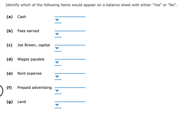 Identify which of the following items would appear on a balance sheet with either "Yes" or "No".
(a)
Cash
(b) Fees earned
(c)
Joe Brown, capital
(d) Wages payable
Rent expense
(e)
(f) Prepaid advertising
Land
(g)
