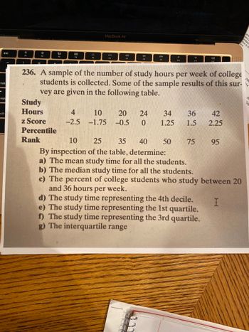 esc
tab
.
caps
hift
*
!
@
80
F3
Study
Hours
z Score
Percentile
Rank
888
F4
MacBook Air
4
-2.5
F6
10
-1.75
44
F7
DII
FB
DD
F9
236. A sample of the number of study hours per week of college
students is collected. Some of the sample results of this sur-
vey are given in the following table.
20 24 34
-0.5
0
1.25
4
50
F11
10
25
35 40
By inspection of the table, determine:
a) The mean study time for all the students.
b) The median study time for all the students.
36
42
1.5 2.25
4)
75
d) The study time representing the 4th decile.
e) The study time representing the 1st quartile.
f) The study time representing the 3rd quartile.
g) The interquartile range
95
c) The percent of college students who study between 20
and 36 hours per week.
I
andard
on to th
•ą
3