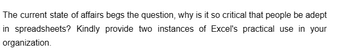 The current state of affairs begs the question, why is it so critical that people be adept
in spreadsheets? Kindly provide two instances of Excel's practical use in your
organization.