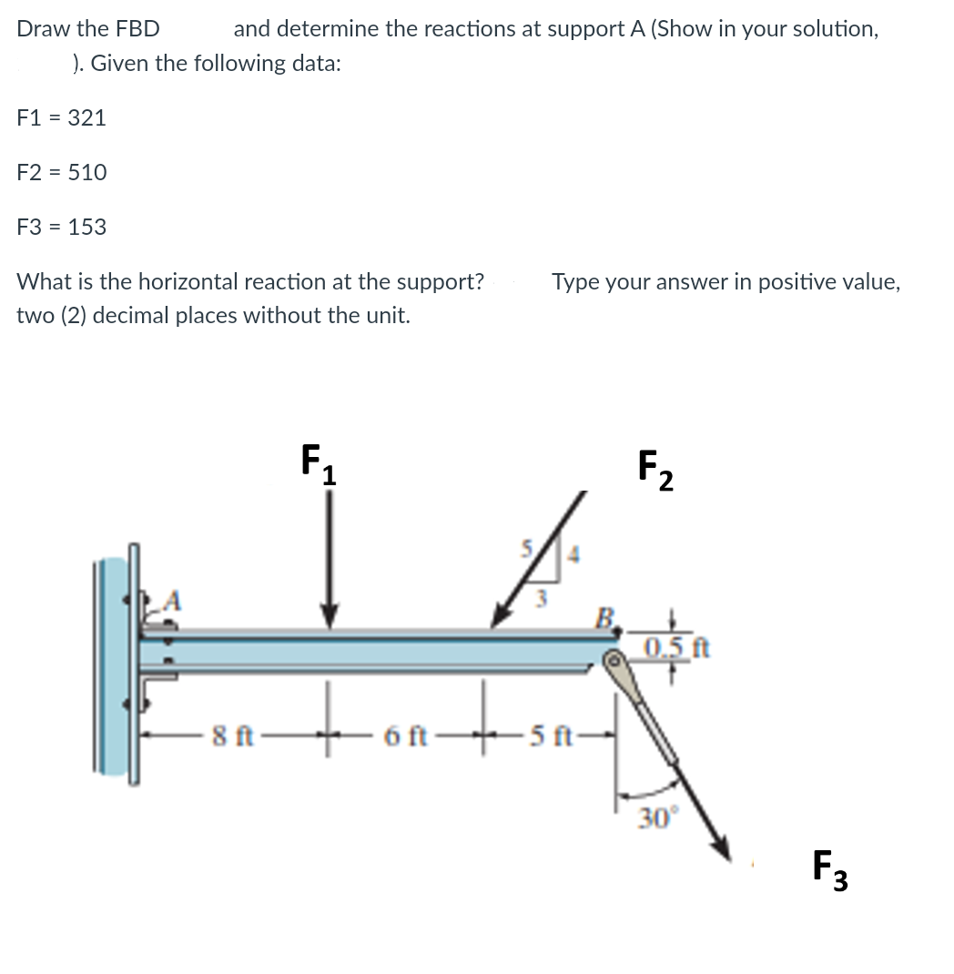 Draw the FBD
and determine the reactions at support A (Show in your solution,
). Given the following data:
F1 = 321
F2 = 510
F3 = 153
What is the horizontal reaction at the support?
Type your answer in positive value,
two (2) decimal places without the unit.
F1
F2
0,5 ft
- 8 ft-
- 6 ft+5 ft-
30°
F3
