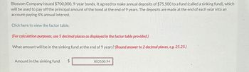 Blossom Company issued $700,000, 9-year bonds. It agreed to make annual deposits of $75,500 to a fund (called a sinking fund), which
will be used to pay off the principal amount of the bond at the end of 9 years. The deposits are made at the end of each year into an
account paying 4% annual interest.
Click here to view the factor table.
(For calculation purposes, use 5 decimal places as displayed in the factor table provided.)
What amount will be in the sinking fund at the end of 9 years? (Round answer to 2 decimal places, e.g. 25.25.)
Amount in the sinking fund
$
803100.94