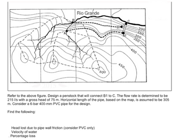 Rio Grande
500
Head lost due to pipe wall friction (consider PVC only)
Velocity of water
Percentage loss
450-
200
-250-
-300
350
400
Refer to the above figure. Design a penstock that will connect B1 to C. The flow rate is determined to be
215 l/s with a gross head of 75 m. Horizontal length of the pipe, based on the map, is assumed to be 305
m. Consider a 6-bar 400-mm PVC pipe for the design.
Find the following: