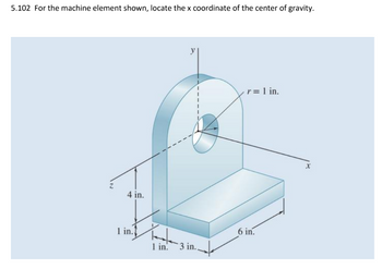 5.102 For the machine element shown, locate the x coordinate of the center of gravity.
Z
4 in.
1 in.)
Kate
1 in.
3 in..
r = 1 in.
6 in.