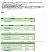 Entries for Costs in a Job Order Cost System
Royal Technology Company uses a job order cost system. The following data summarize the operations related to production for March:
a. Materials purchased on account, $704,490.
b. Materials requisitioned, $591,770, of which $76,930 was for general factory use.
c. Factory labor used, $725,620, of which $137,870 was indirect.
d. Other costs incurred on account for factory overhead, $169,080; selling expenses, $260,660; and administrative expenses, $154,990.
e. Prepaid expenses expired for factory overhead were $32,410; for selling expenses, $27,480; and for administrative expenses, $19,730.
f. Depreciation of factory equipment vwas $32,410; of office equipment, $47,910; and of office building, $94,400.
g. Factory overhead costs applied to jobs, $401,560.
h. Jobs completed, $929,930.
i. Cost of goods sold, $901,750.
Required:
Journalize the entries to record the summarized operations. For a compound transaction, if an amount box does not require an entry, leave it blank.
a. Materials purchased on account, $704,490.
Entry
Description
Debit
Credit
Materials v
704,490
a.
Accounts Payablev
704,490
b. Materials requisitioned, $591,770, of which $76,930 was for general factory use.
Entry
Description
Debit
Credit
Б.
Work in Process v
Factory Overheadv
Materials v
c. Factory labor used, $725,620, of vhich $137,870 was indirect.
Entry
Description
Debit
Credit
Work in Process
C.
Factory Overhead v
Wages Payable v
d. Other costs incurred on account for factory overhead, $169,080; selling expenses, $260,660; and administrative expenses, $154,990.
Entry
Description
Debit
Credit
Factory Overhead v
'P
Selling Expenses v
Administrative Expenses V
Accounts Payable v
