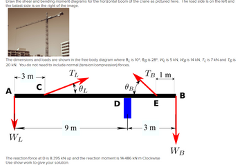 Draw the shear and bending moment diagrams for the horizontal boom of the crane as pictured here. The load side is on the left and
the balast side is on the right of the image.
The dimensions and loads are shown in the free body diagram where OL is 10°, 0 g is 28°, W₁ is 5 kN, WB is 14 kN, TL is 7 kN and Tg is
20 kN. You do not need to include normal (tension/compression) forces.
TL
TB 1 m
3 m
A
C
VOL
9 m
D
OB
E
3 m
WL
The reaction force at D is 8.395 kN up and the reaction moment is 14.486 kN m Clockwise
Use show work to give your solution.
B
WB