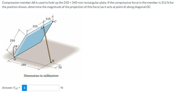 Compression member AB is used to hold up the 250 x 340-mm rectangular plate. If the compressive force in the member is 315 N for
the position shown, determine the magnitude of the projection of this force (as it acts at point A) along diagonal OC.
250
[28%
Answer: Foc=
280
225
i
115
C
B
70
Dimensions in millimeters
N