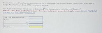 You would like to contribute to a savings account over the next three years in order to accumulate enough money to take a trip to
Europe. Assume an interest rate of 14%, compounded quarterly.
How much will accumulate in three years by depositing $740 at the beginning of each of the next 12 quarters?
Note: Use tables, Excel, or a financial calculator. Round your final answers to nearest whole dollar amount. (FV of $1, PV of $1, FVA
of $1, PVA of $1, FVAD of $1 and PVAD of $1)
Table, Excel, or calculator function:
Payment:
Future Value:
n=
1=