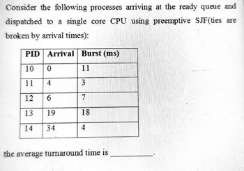 Consider the following processes arriving at the ready queue and
dispatched to a single core CPU using preemptive SJF(ties are
broken by arrival times):
PID Arrival Burst (ms)
10
0
11
11
4
3
12
6
7
13
19
18
14
34
4
the average turnaround time is